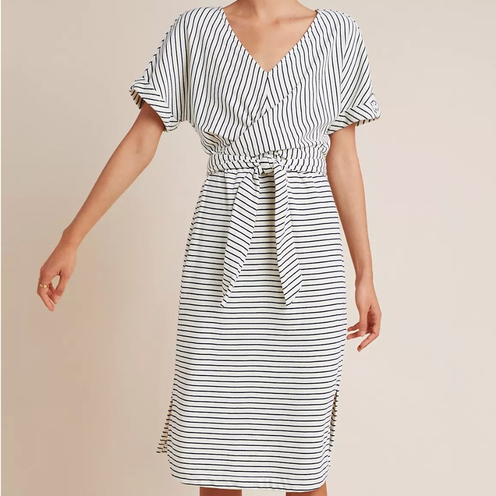 Anthropologie Navy Stripe V Neck Tie Dress